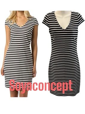 Soyaconcept Black/White Stripe V-Neck Cap Sleeve Fitted Dress (XS)